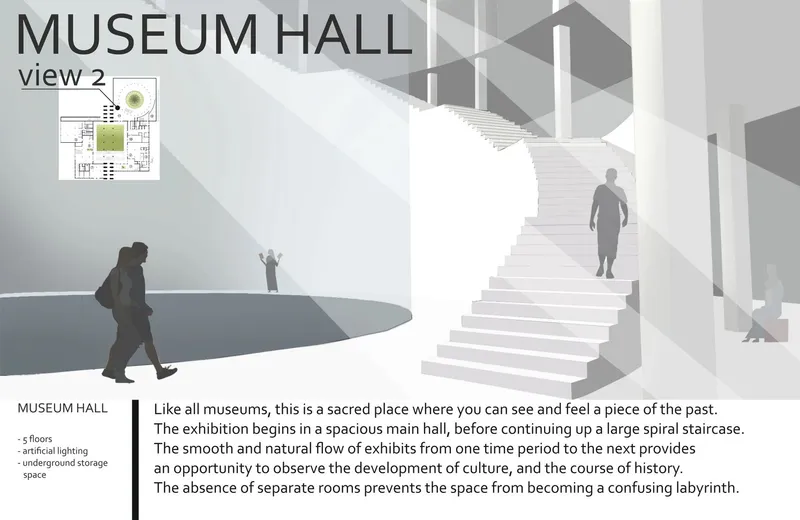 Interior rendering showing a bright museum hall with a curved staircase and visitors in dappled light