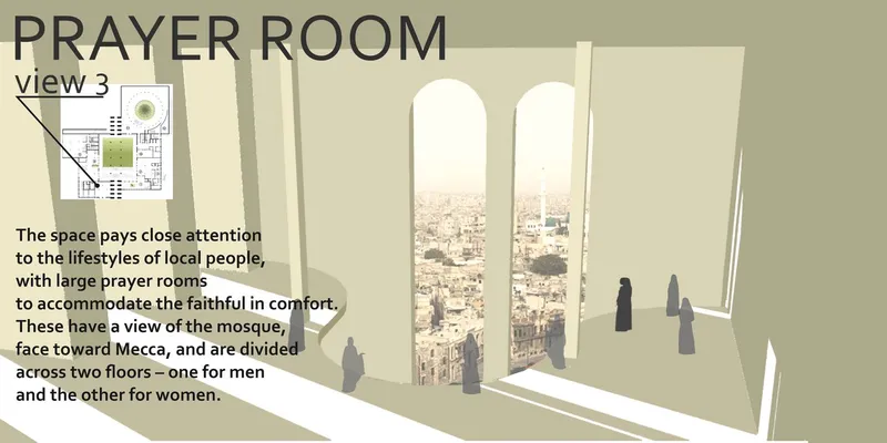Rendering of a prayer room with tall arched windows framing a view of the city below