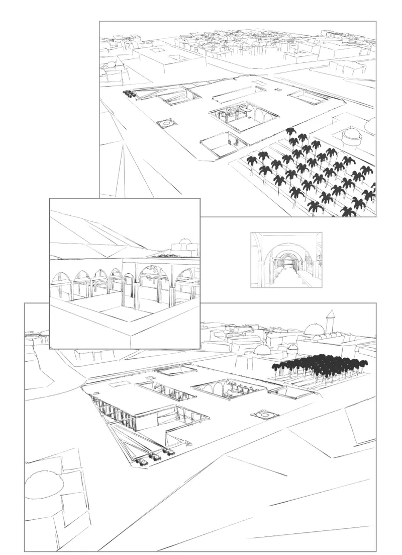 Perspective drawings of courtyard with planted grove, arched vaults, and surrounding urban context