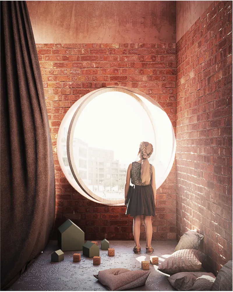Exposed brick corner room with large circular window framing a child looking out at daylight