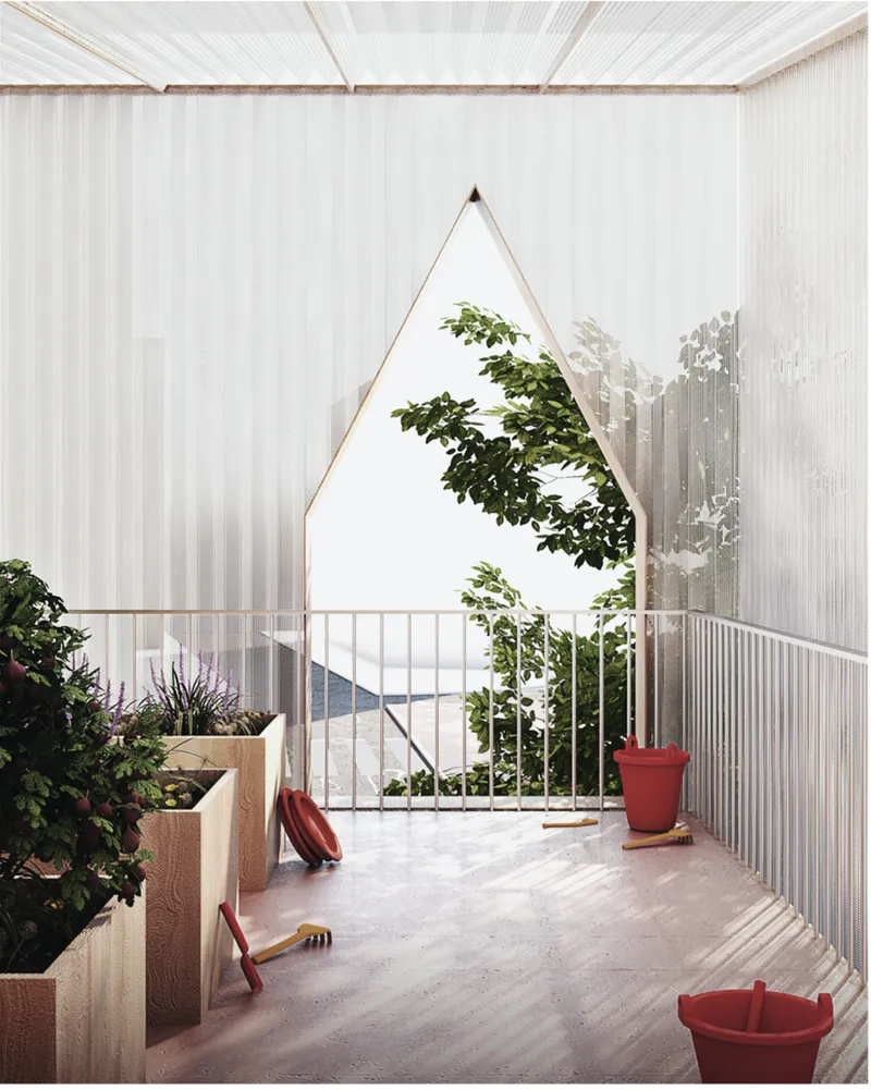 Interior corridor with triangular skylight overhead, corrugated white walls, and planted boxes with children's toys
