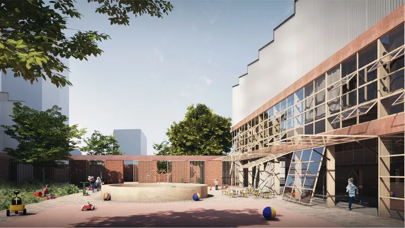 Courtyard play area with exposed timber frame structure and vertical brick screening wall along perimeter