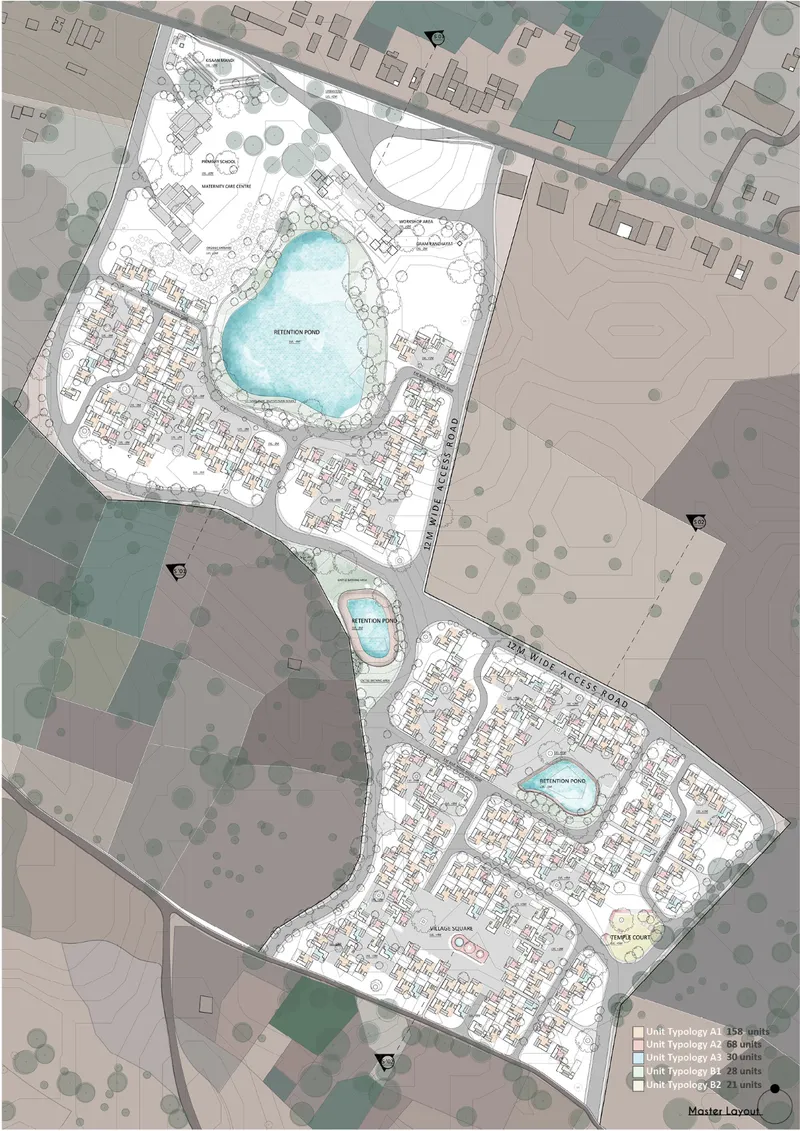 Master plan drawing depicting three residential clusters organized around central water bodies and surrounding agricultural fields