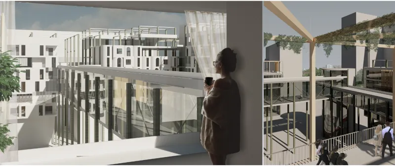 Rendered view of a terrace with vertical screening and a figure holding a cup