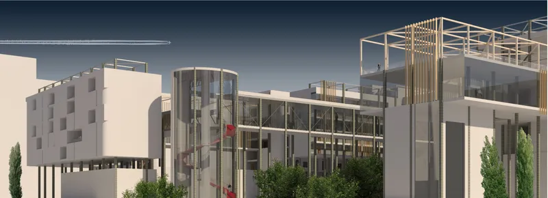 Rendered exterior showing glass volumes with vertical louvers and flanking residential blocks under a dark sky