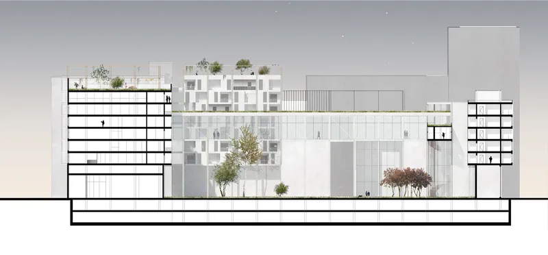 Section drawing through the complex showing multiple floors with rooftop trees and interior circulation paths
