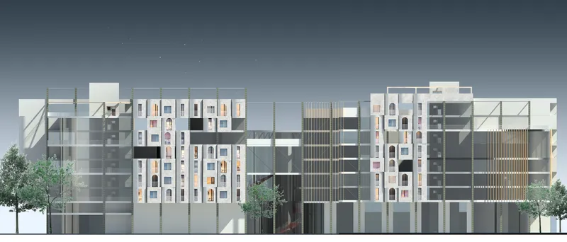 Elevation drawing depicting the layered facades with variegated windows and vertical screening elements between trees