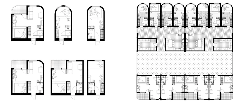 Floor plan drawings showing compact residential units with curved walls and a central courtyard space