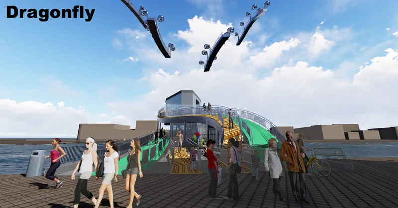 Waterfront boardwalk with pedestrians approaching a glass pavilion and curved ramp beneath aerial gondola cars
