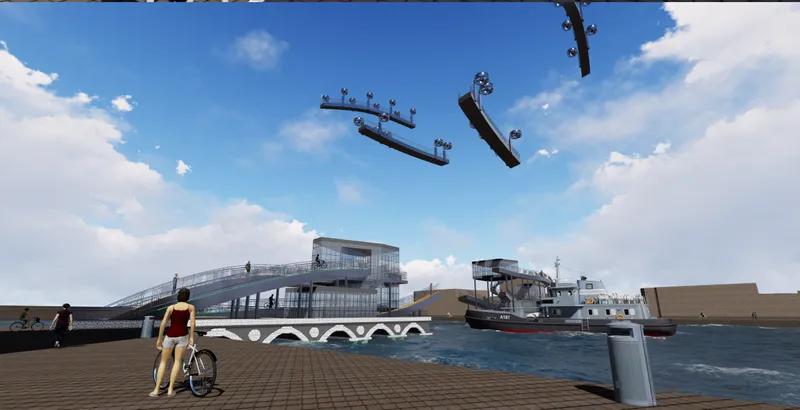 Timber deck promenade along the harbor with a cyclist and suspended transit pods overhead