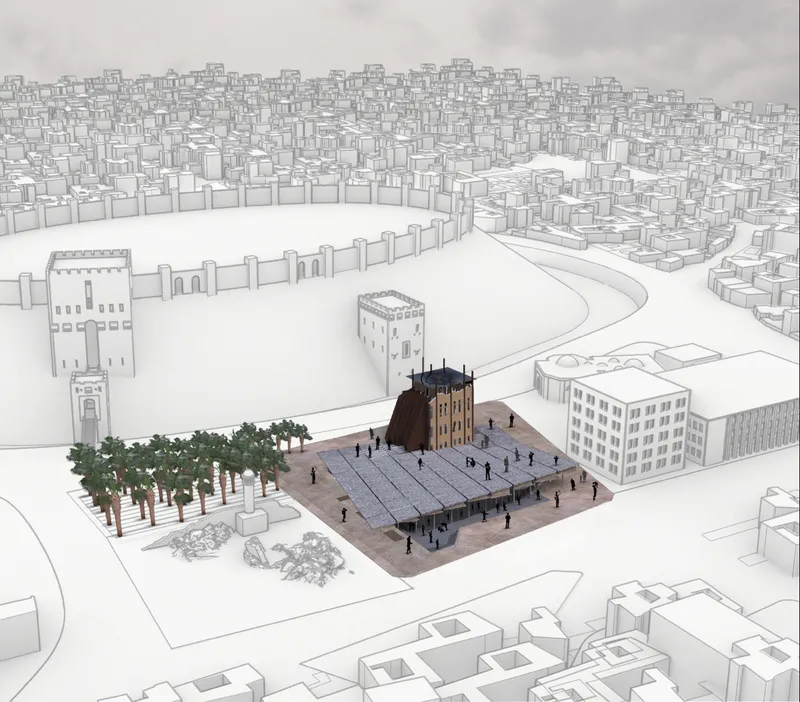 Axonometric drawing showing a plaza with a canopy structure between a historic tower and palm trees