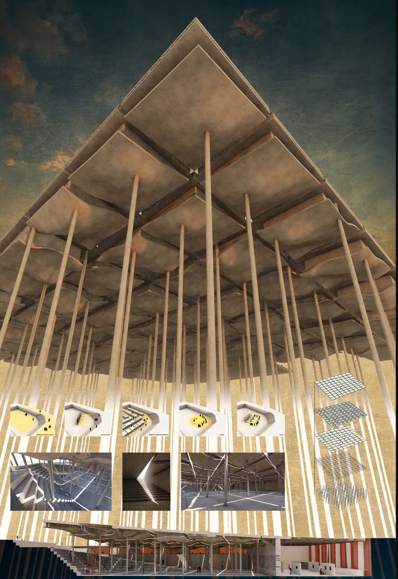 Presentation board showing a pyramidal timber column and beam structure with perspective renderings and detail photos