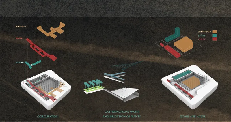 Isometric diagram illustrating circulation systems, rainwater collection, and programmatic zones with color-coded components