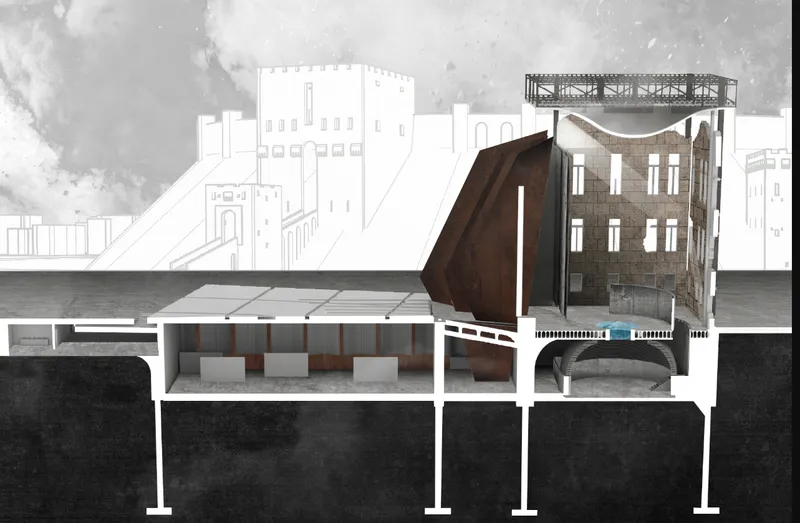 Section drawing revealing subterranean chambers beneath a canopy with a tilted masonry volume and exposed structure above