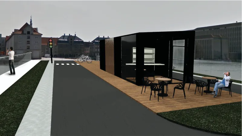 Rendered view of a black pavilion with timber deck and outdoor seating along a waterfront promenade