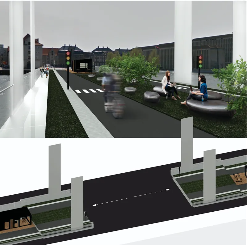Axonometric rendering showing the pavilion within a landscaped public plaza with trees and seating elements