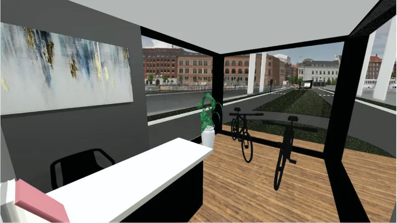 Interior rendering of the pavilion workspace with timber floor, glass walls, and a bicycle parked inside