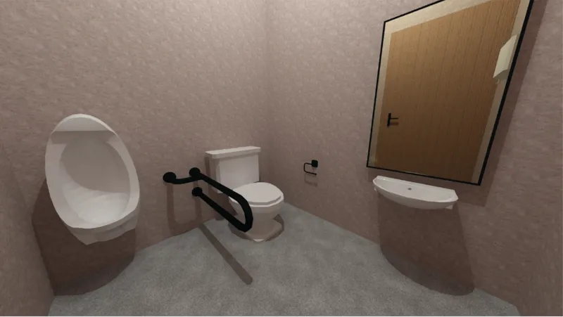Rendered bathroom interior with wall-mounted urinal, toilet, sink, and grab bar against pink concrete walls