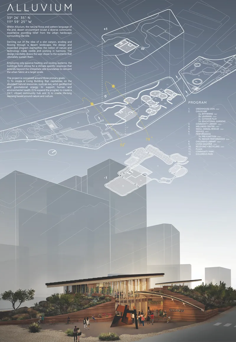 Composite rendering showing isometric site plan overlays above a ground-level view of the timber-clad entrance plaza at dusk