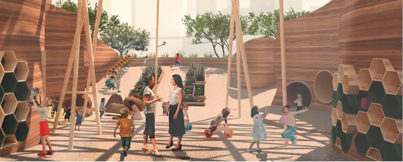 Covered play area with timber columns and hexagonal wall alcoves, children and families casting long afternoon shadows