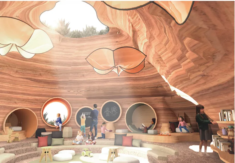 Interior view of undulating laminated timber ceiling with circular apertures and daylight filtering through organic openings above seated visitors