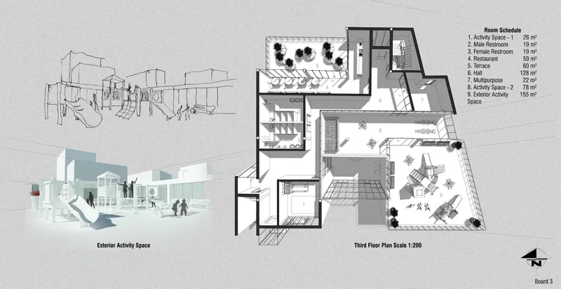 Third floor plan drawing with sketch and rendering views of the exterior activity space and terrace