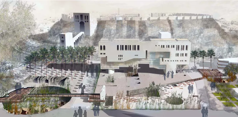 Perspective rendering of the plaza with water features, native planting, pedestrians, and the facade beyond