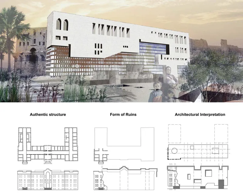 Elevation rendering with patterned facade screen and diagram comparing authentic structure to new interpretation