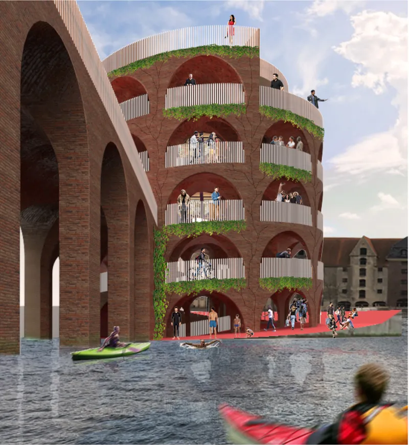 Circular brick tower with arched openings and planted terraces at each level overlooking kayakers in the canal