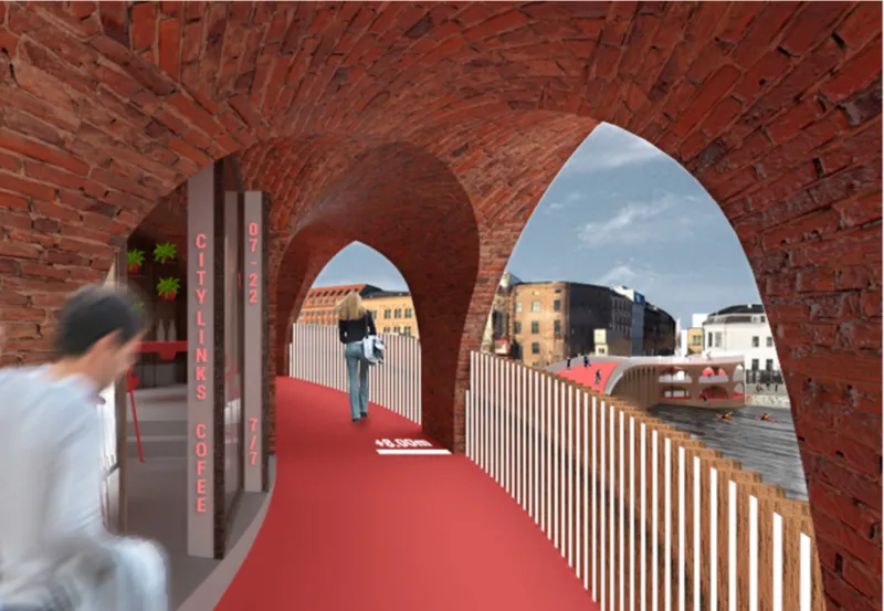 View through the brick vaulted arches framing the red pathway and vertical timber balustrade with pedestrians passing