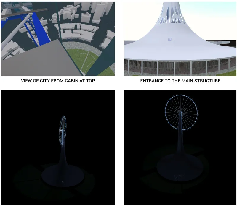 Four rendered views showing the observation tower, conical roof structure, and wireframe elevations at night