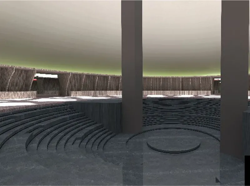 Interior rendering of tiered seating around a circular stage with green uplighting and textured wall panels