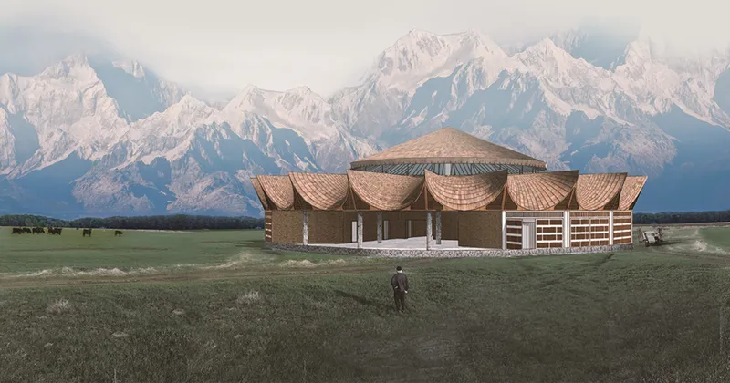 Rendered view of the woven bamboo facade with scalloped roof forms against snow-capped mountain peaks