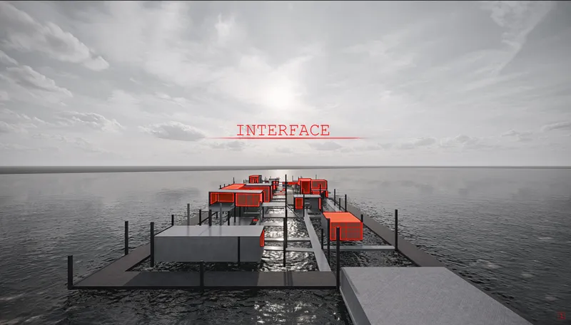 Aerial view of modular floating platforms connected by walkways extending into calm water under a hazy sky