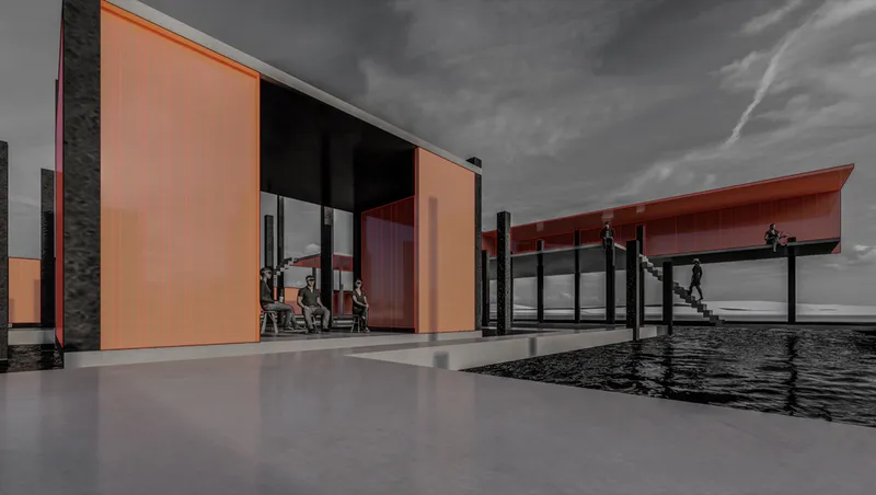 Covered waterfront terrace with orange paneled volumes and figures seated beneath a dramatic clouded sky