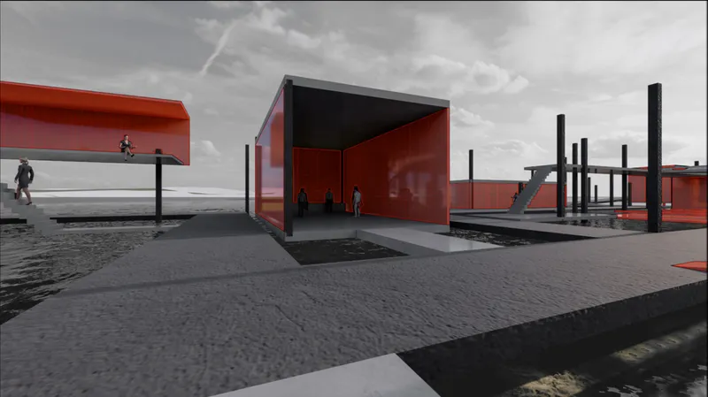 Open-sided pavilion with red interior walls and concrete deck on floating platform with figures walking