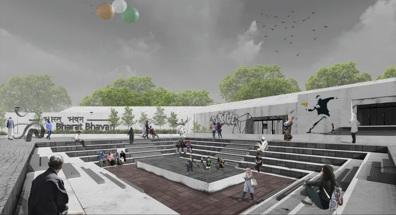 Terraced amphitheater seating area with concrete steps leading down to a paved plaza with gathered figures