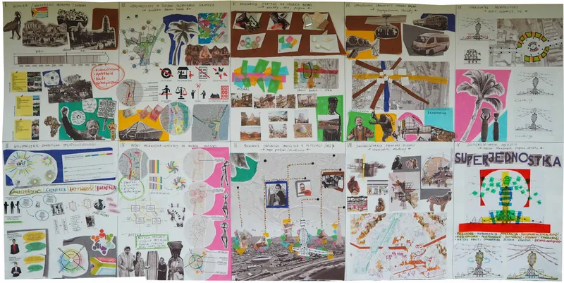 Presentation board collage showing sketches, photographs, and colorful diagrams pinned together in a grid