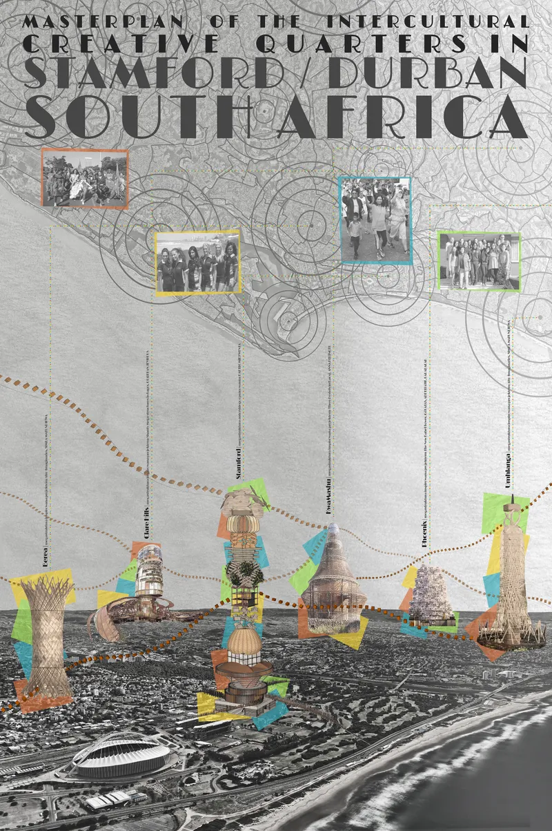 Composite drawing showing five tower structures with geometric overlays above an aerial photograph of a waterfront