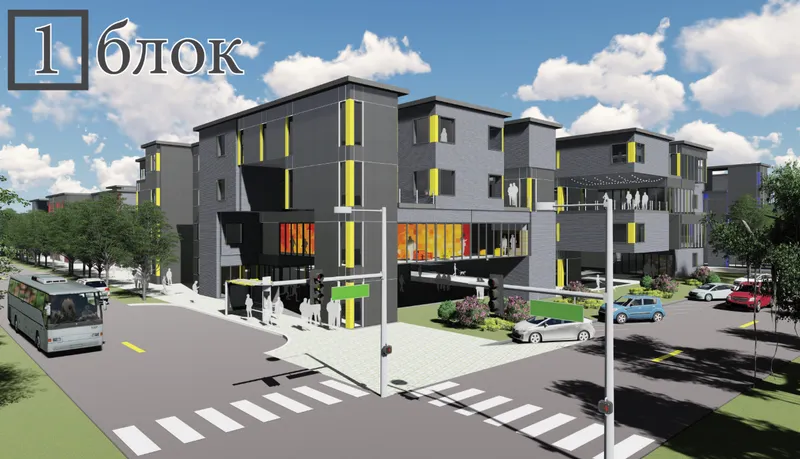 Street-level rendering of the residential complex with yellow window accents and pedestrians crossing at a zebra crossing