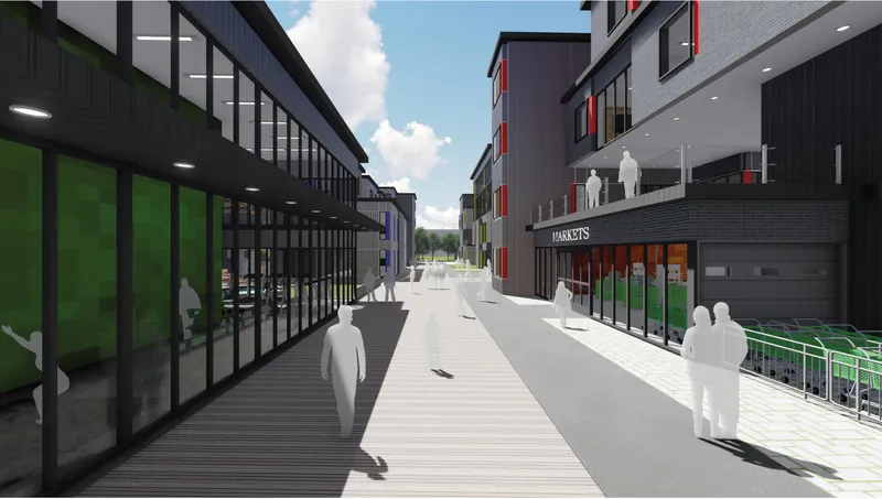 Pedestrian walkway between residential buildings with glass storefronts and figures moving through dappled sunlight
