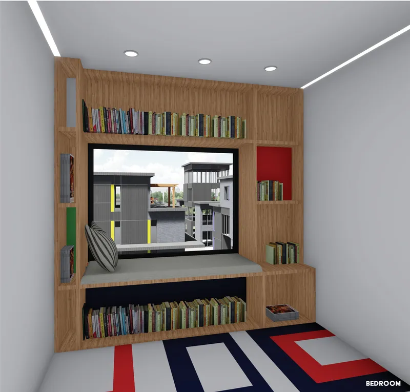 Built-in window seat with timber shelving and book storage overlooking the courtyard below