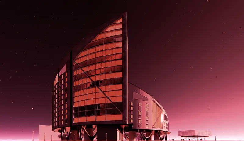 Rendering of the glass tower and curved building volumes elevated on diagonal supports at twilight