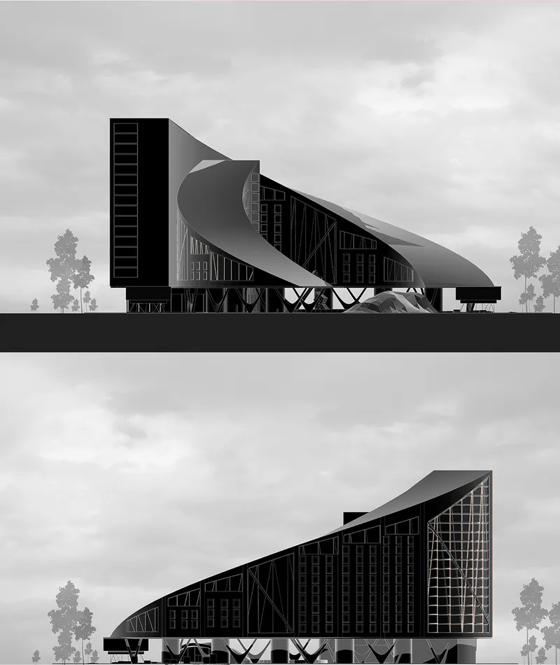 Elevation drawings showing the curved roof sweeping over diagonal structural supports with trees flanking the composition