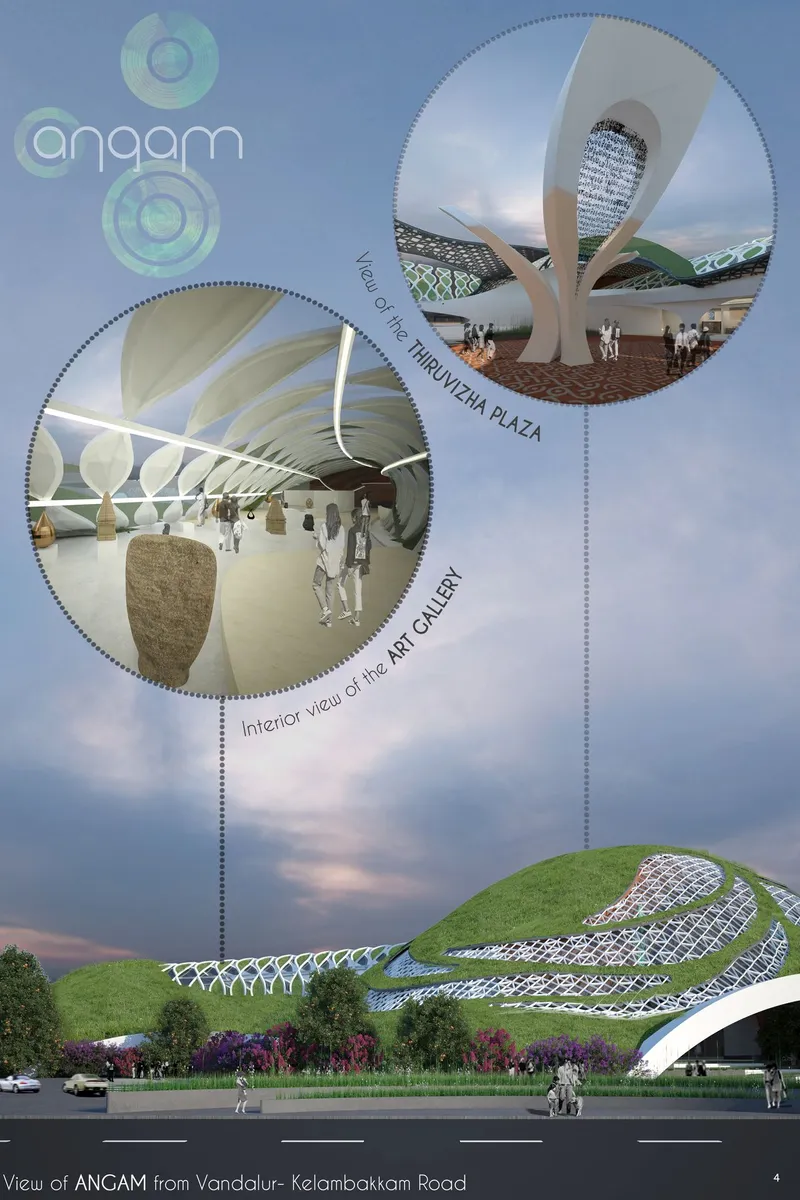 Rendering montage showing lattice roof, white sculptural columns, and street view with pedestrians and vegetation