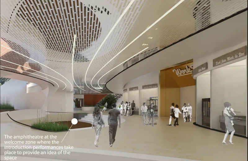 Interior lobby with patterned ceiling coffers, linear light strips, and figures near planted beds
