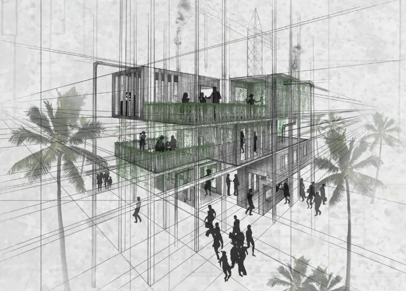 Axonometric drawing of a three-story structure with green-tinted walls and figures on each level surrounded by palm trees