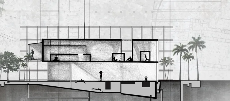 Section drawing through a multi-level structure with figures in interior spaces and palm trees flanking the building