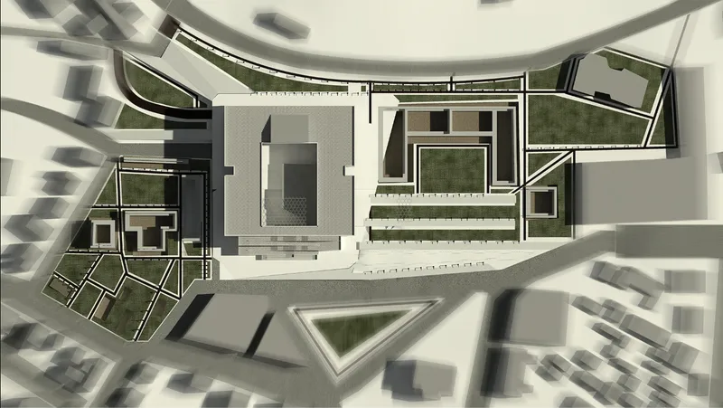Site plan drawing showing nested rectangular volumes around central courtyards with landscaped areas and shadows