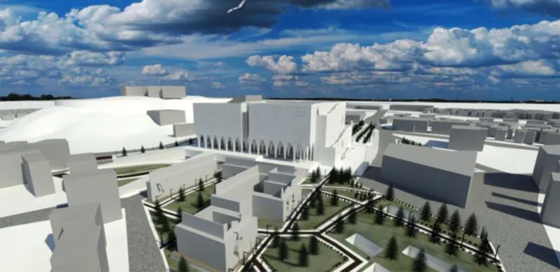 Aerial model view of white volumes surrounding geometric courtyards with evergreen trees under scattered clouds